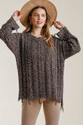 Umgee Full Size Frayed Hem Cable Knit Round Neck Sweater Plus Size - Hovatok