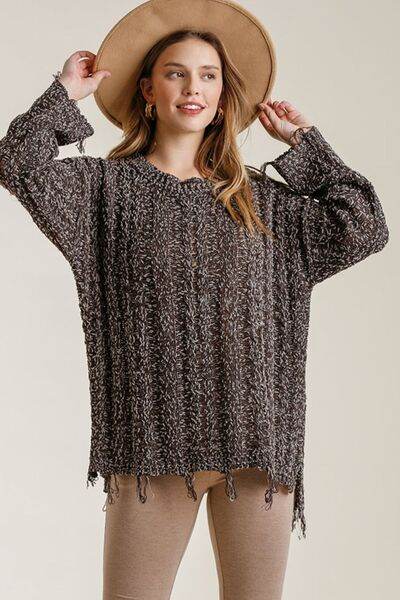Umgee Full Size Frayed Hem Cable Knit Round Neck Sweater Plus Size - Hovatok