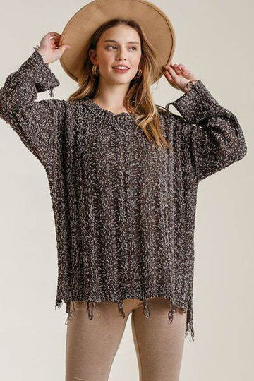 Umgee Full Size Frayed Hem Cable Knit Round Neck Sweater Plus Size - Hovatok
