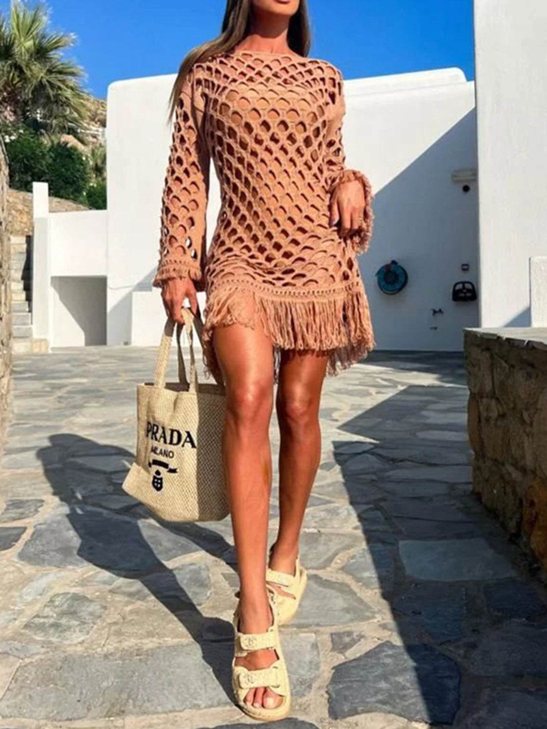 Fringe Cutout Long Sleeve Cover Up - Hovatok