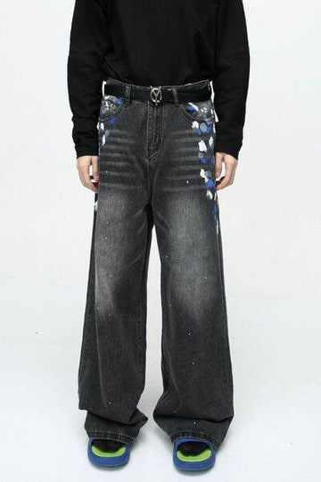 Watercolor Wide Leg Jeans with Pockets - Hovatok