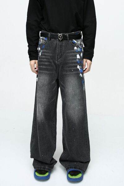 Watercolor Wide Leg Jeans with Pockets - Hovatok