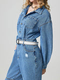 Distressed Button Down Drop Shoulder Denim Jumpsuit - Hovatok