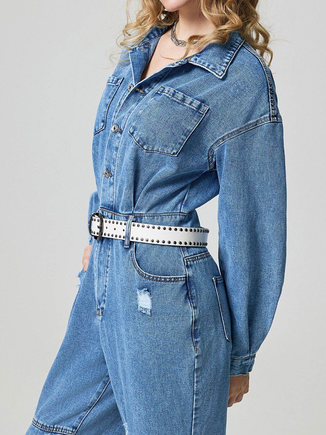 Distressed Button Down Drop Shoulder Denim Jumpsuit - Hovatok