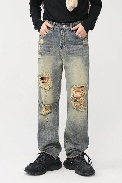 Distressed Mid Rise Jeans with Pockets - Hovatok