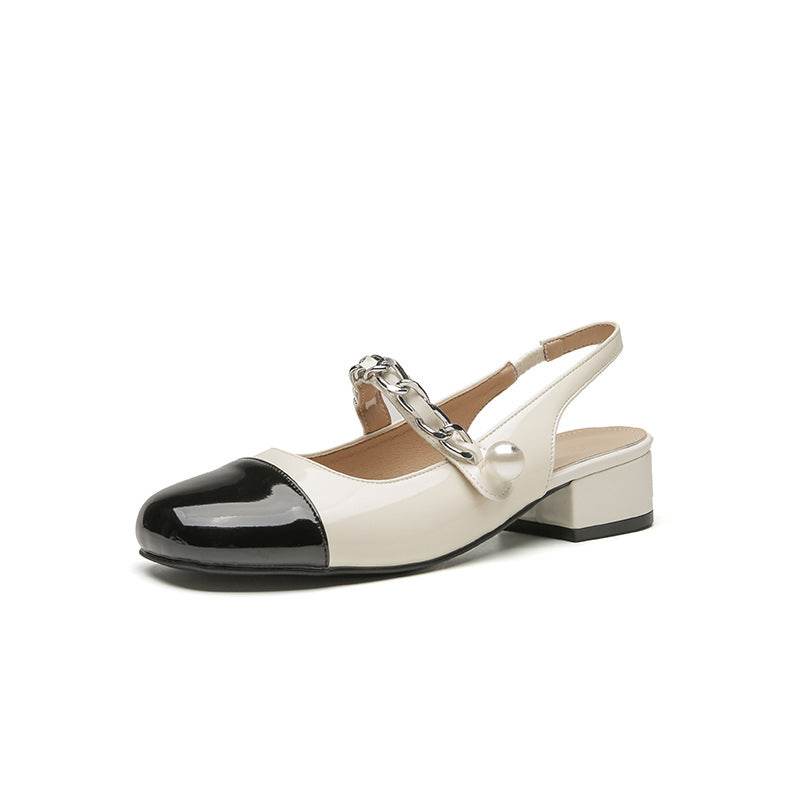 Contrast Round Toe Block Heel Mary Jane Shoes - Hovatok