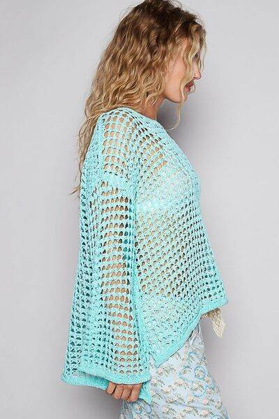 POL Side Slit Openwork Long Sleeve Knit Cover Up - Hovatok
