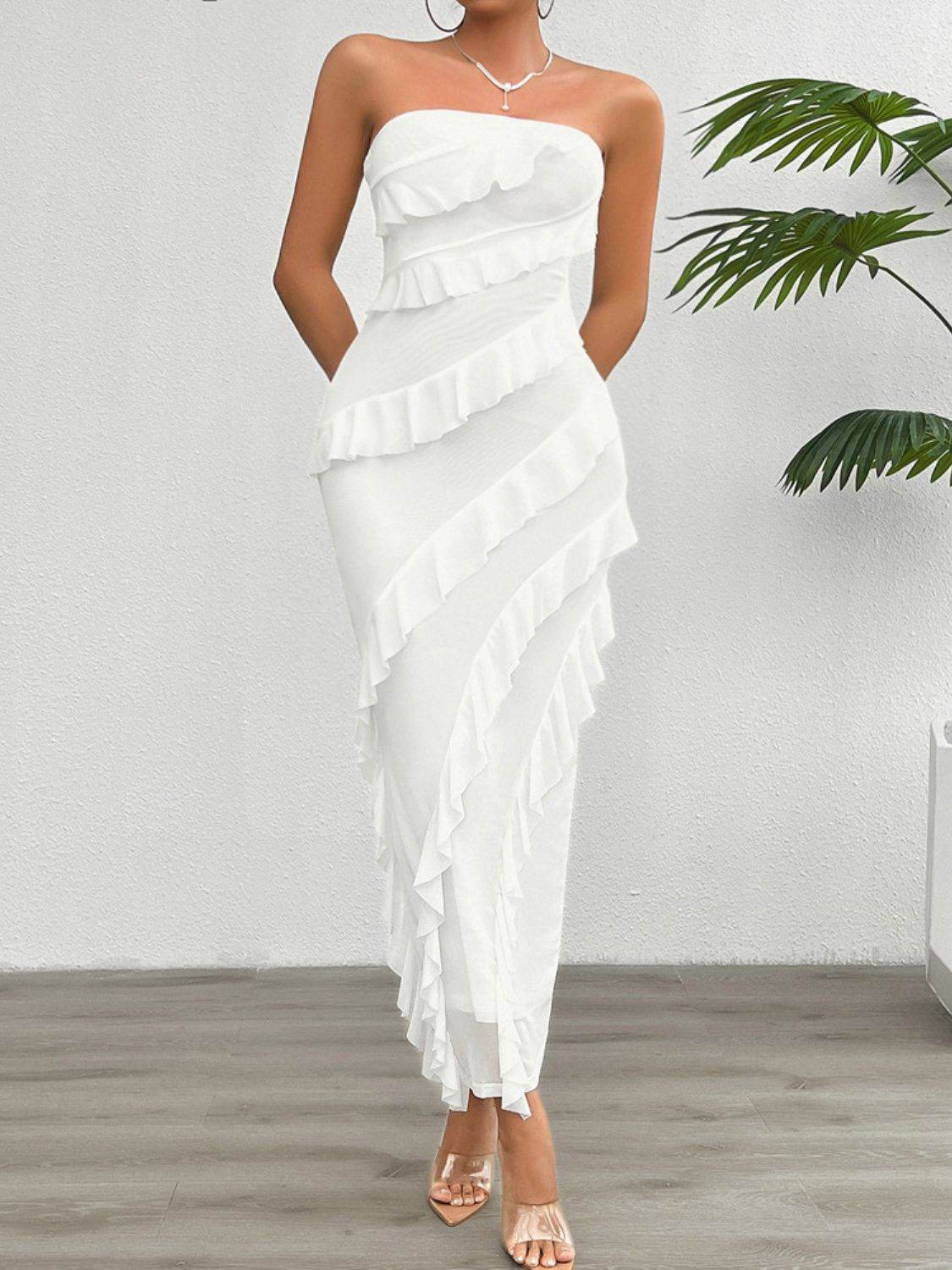 Devine Ruffled Slit Back Tube Maxi Dress - Hovatok