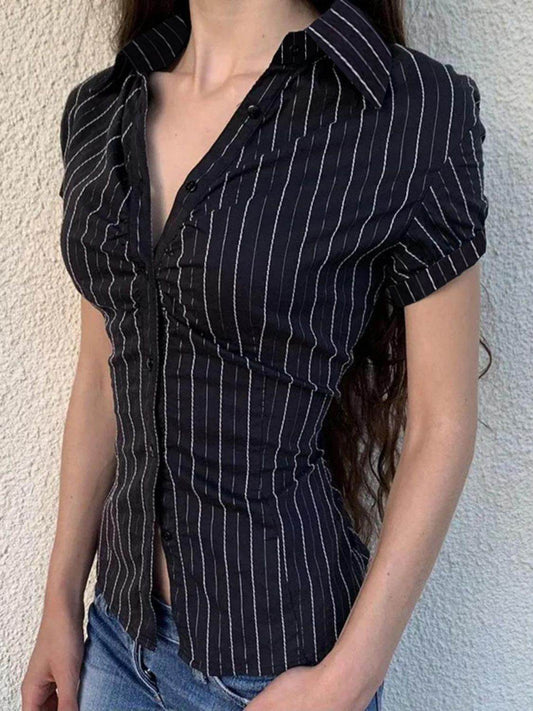 Devine Button Down Striped Collared Neck Short Sleeve Shirt - Hovatok