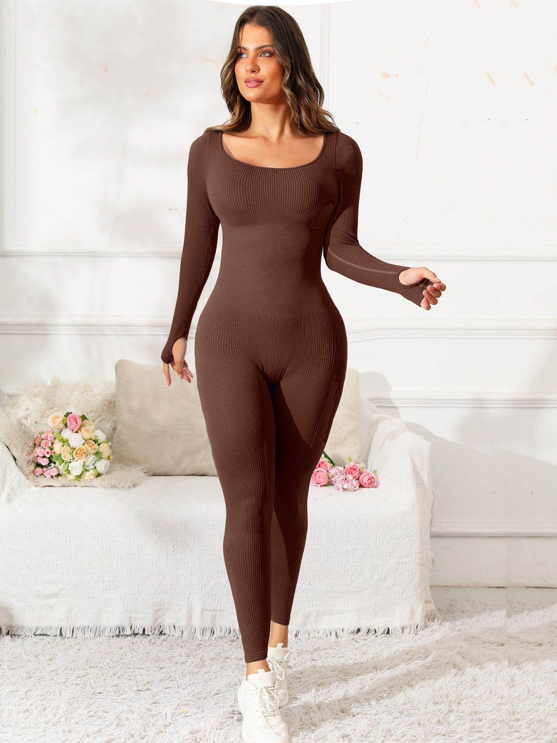 Scoop Neck Long Sleeve Active Jumpsuit - Hovatok