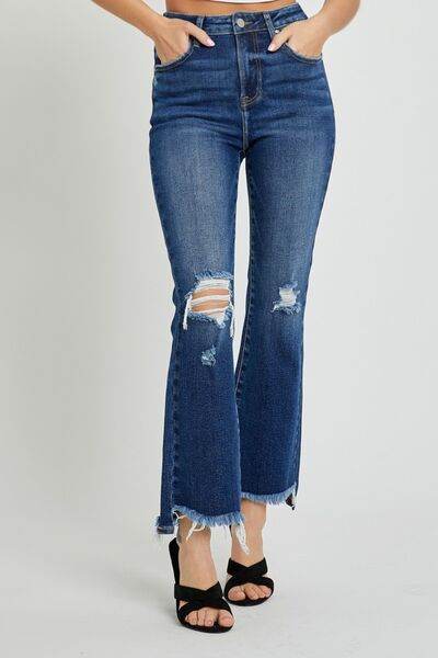 RISEN High Rise Distressed Crop Flare Jeans - Hovatok