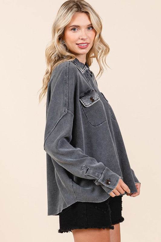 Mittoshop Mineral Wash Waffle Knit Collared Neck Henley Top - Hovatok