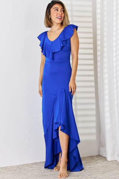 Ruffled V-Neck High-Low Dress - Hovatok