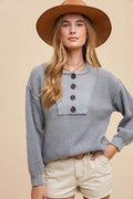 Annie Wear Half Button Ribbed Hem Sweater - Hovatok