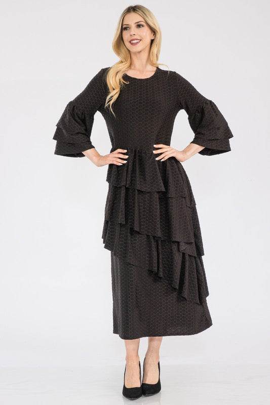 Celeste Full Size Honey Comb Asymmetrical Ruffle Midi Dress Plus Size - Hovatok