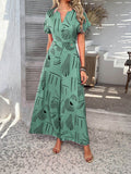 Devine Printed Notched Short Sleeve Wide Leg Jumpsuit - Hovatok