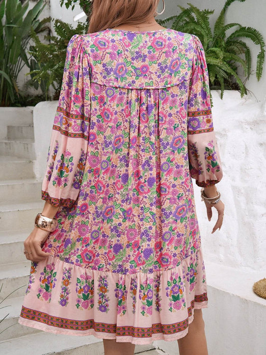 Devine Tassel Floral Tie Neck Mini Dress - Hovatok