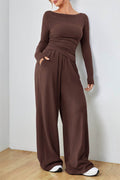 Boat Neck Long Sleeve Top and Pants Set - Hovatok