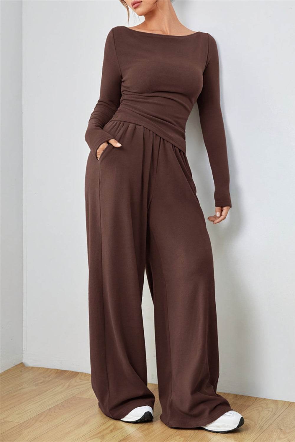 Boat Neck Long Sleeve Top and Pants Set - Hovatok