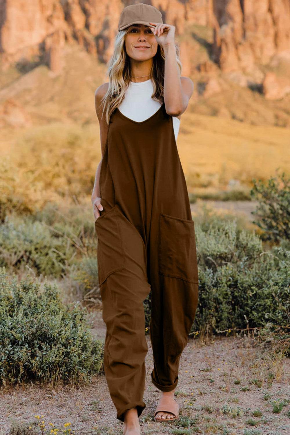 Double Take Full Size V-Neck Sleeveless Jumpsuit with Pockets - Hovatok
