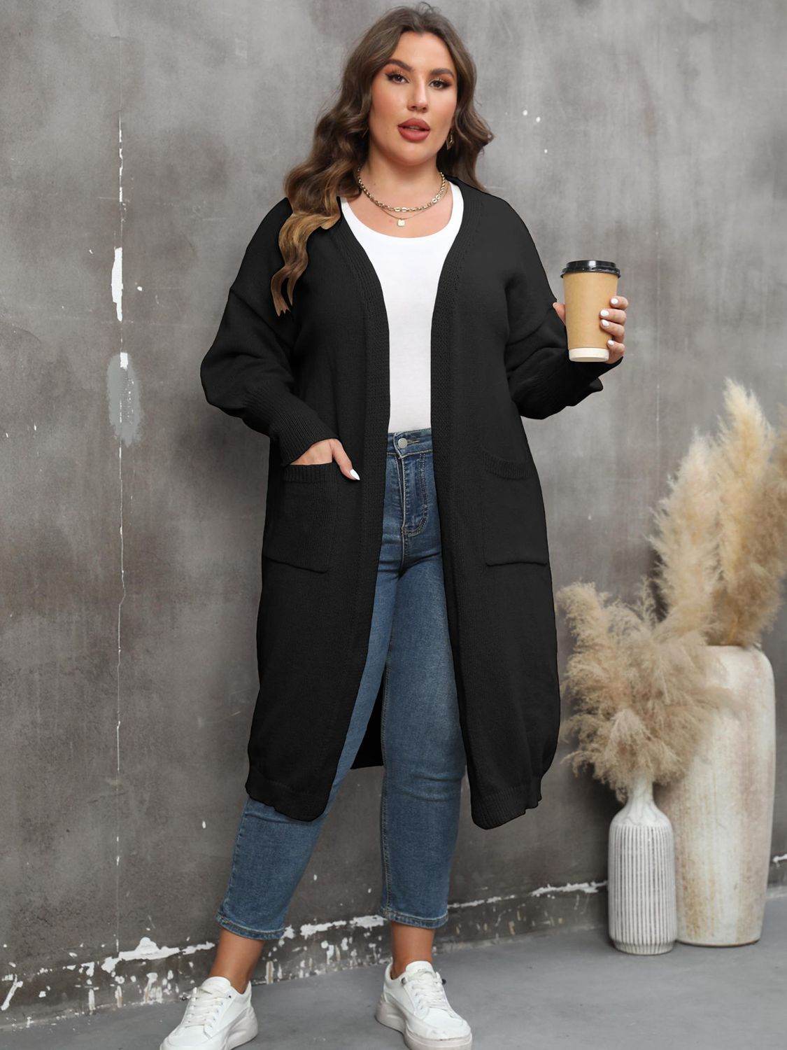 Plus Size Long Sleeve Pocketed Cardigan - Hovatok