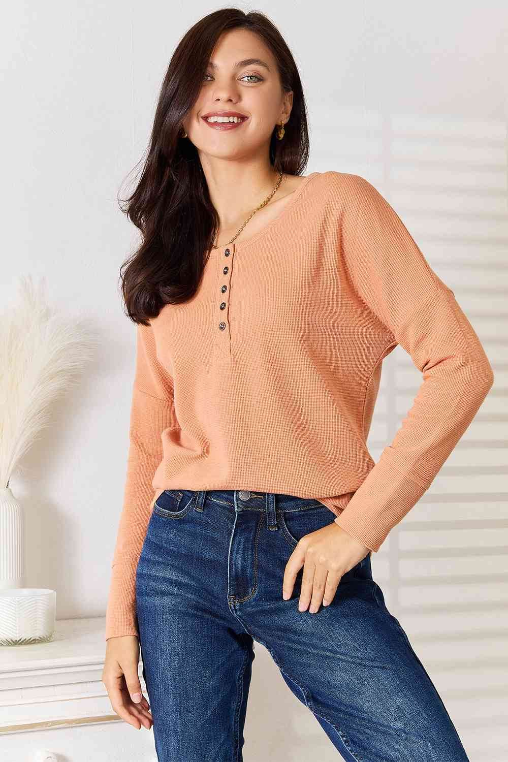 Basic Bae Half Button Long Sleeve Top - Hovatok