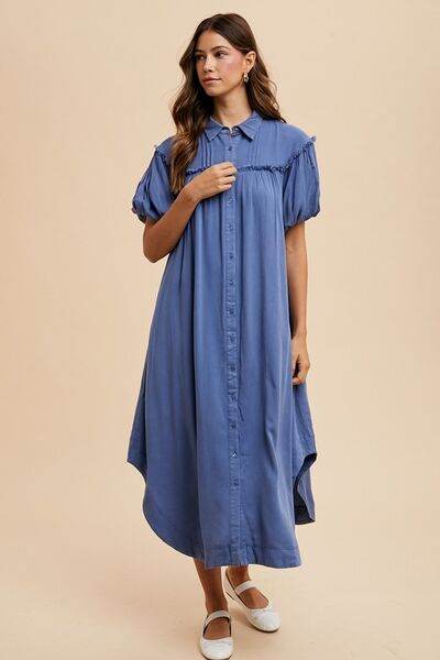 Annie Wear Mineral Washed Button Down Puff Sleeve Shirt Dress - Hovatok