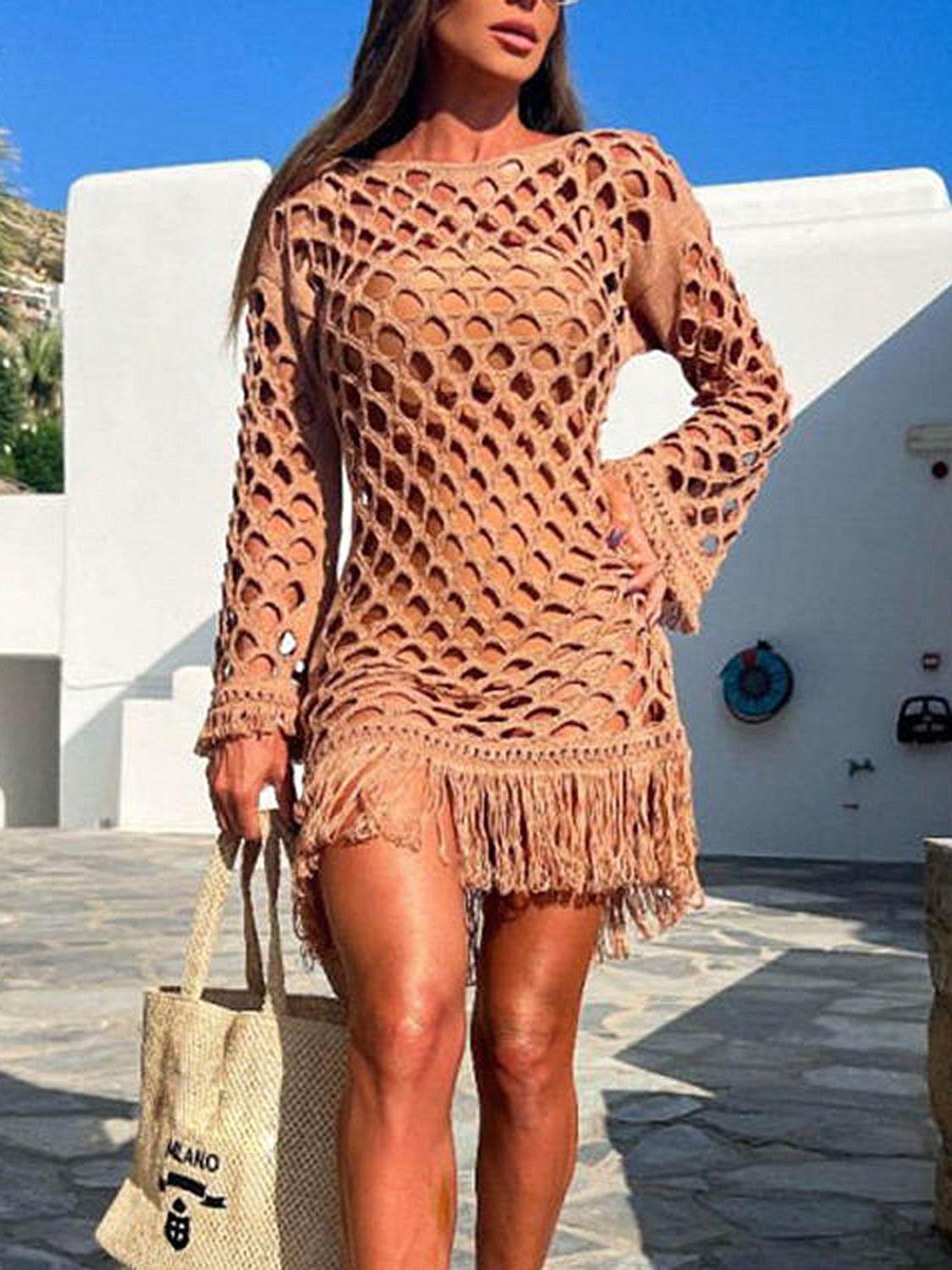 Fringe Cutout Long Sleeve Cover Up - Hovatok
