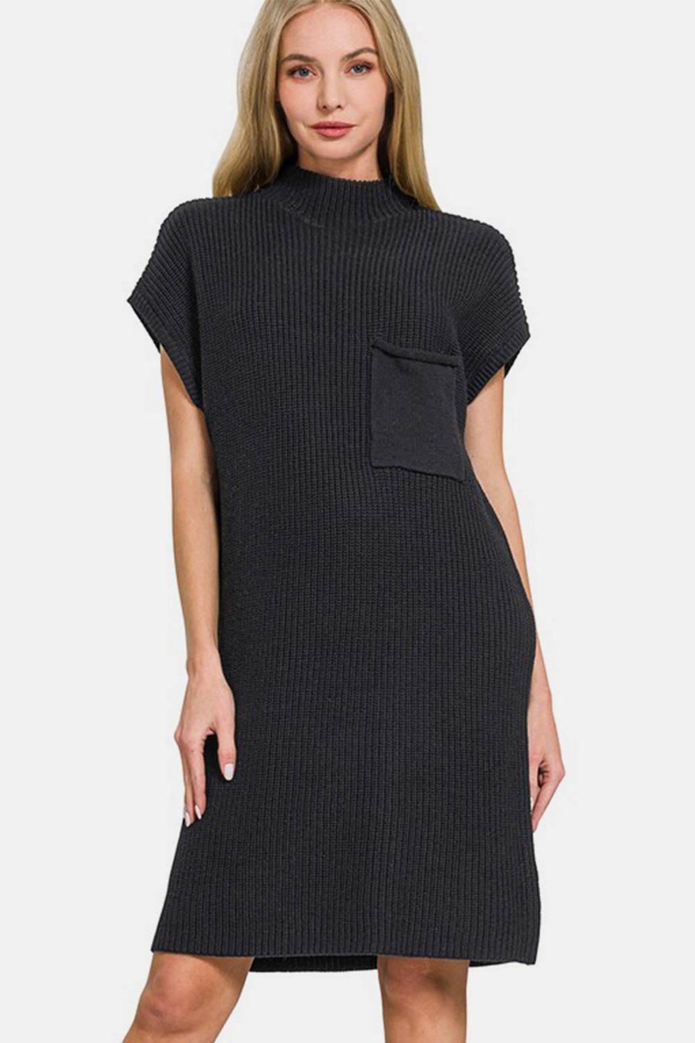 Zenana Mock Neck Short Sleeve Sweater Dress - Hovatok