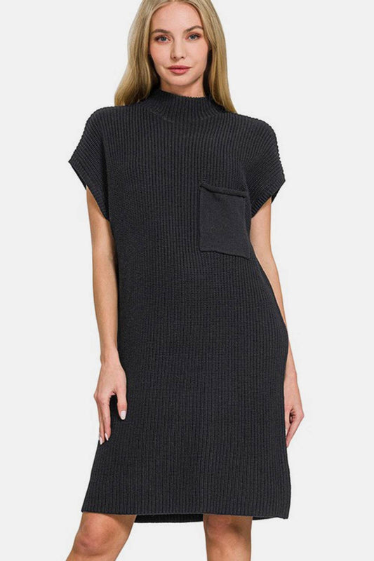 Zenana Mock Neck Short Sleeve Sweater Dress - Hovatok