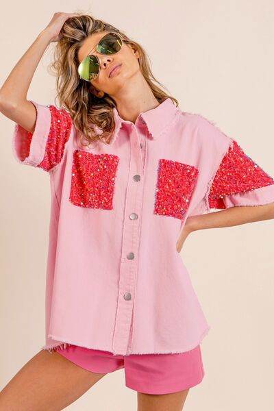 BiBi Sequin Detail Raw Hem Short Sleeve Shirt - Hovatok