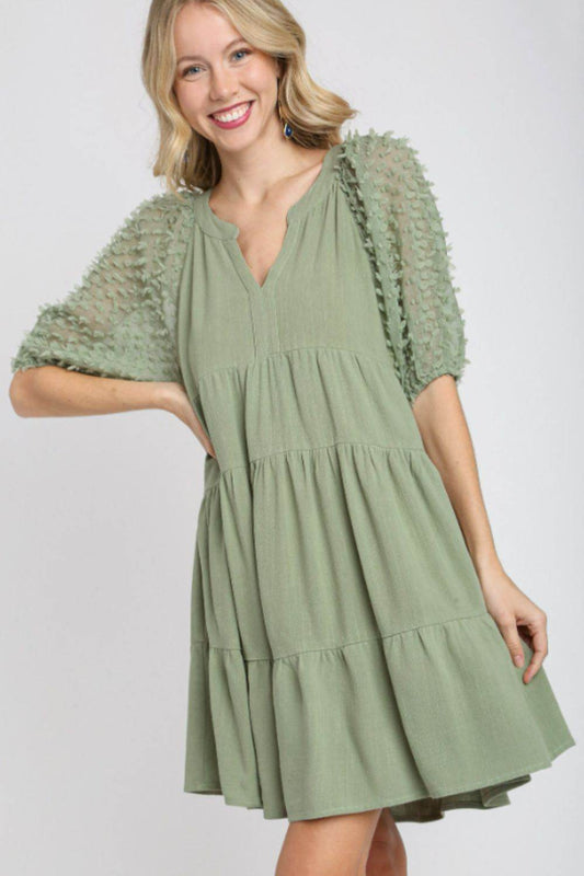 Umgee Full Size Linen Tiered A-Line Split Neck Dress Plus Size - Hovatok