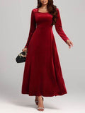 Square Neck Long Sleeve Velvet Dress - Hovatok