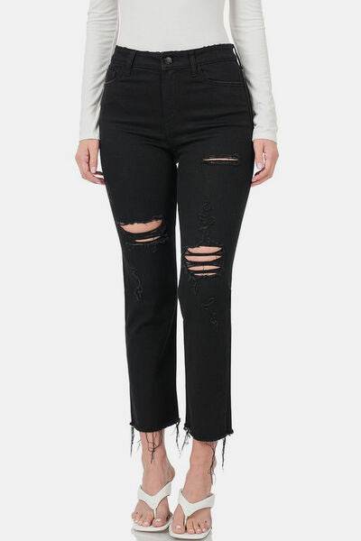 Zenana Distressed Raw Hem Cropped Jeans - Hovatok