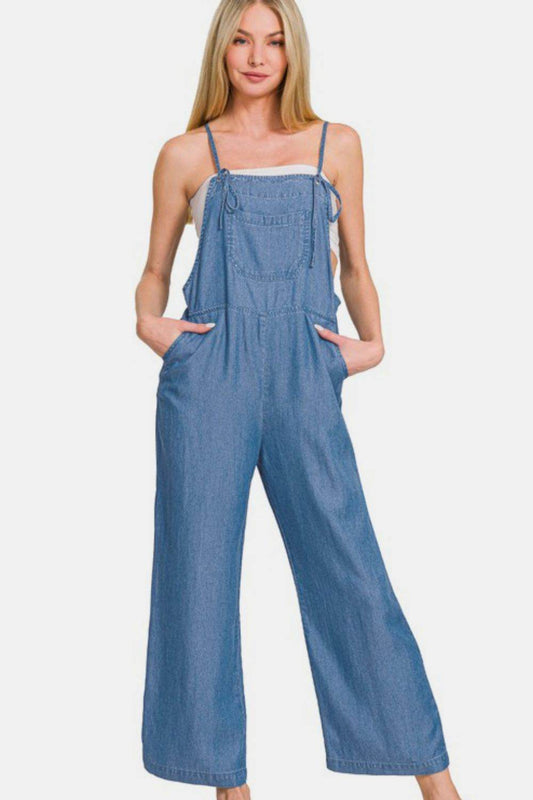 Zenana Washed Adjustable Strap Wide Leg Denim Overalls - Hovatok