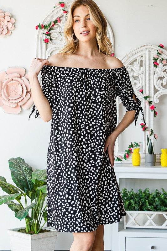 Heimish Full Size Short Sleeve Off Shoulder Animal Mini Dress Plus Size - Hovatok