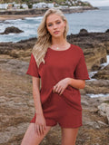Round Neck Short Sleeve Top and Shorts Sweater Set - Hovatok