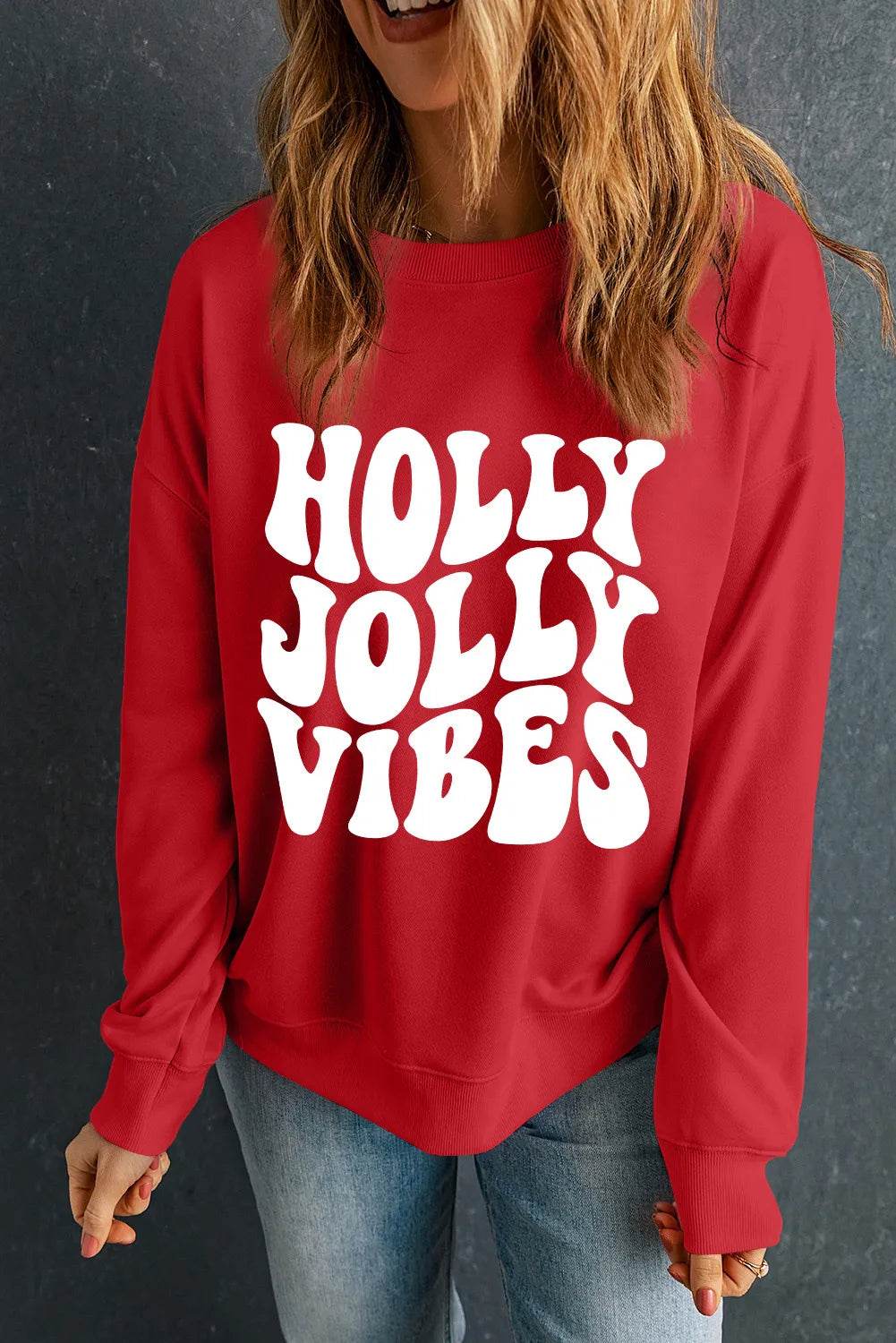 Letter Graphic Round Neck Long Sleeve Sweatshirt - Hovatok