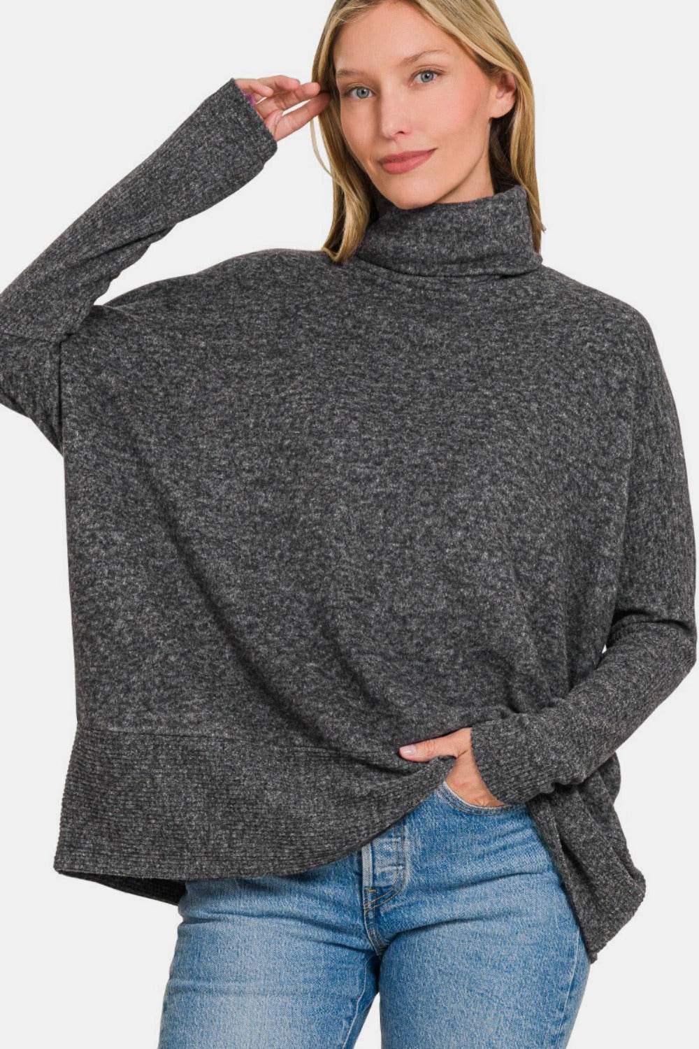 Zenana Full Size Brushed Melange Hacci Turtleneck Sweater - Hovatok