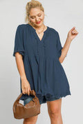 Umgee Full Size Raw Hem Notched Babydoll Linen Blouse Plus Size - Hovatok