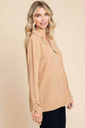 Culture Code Full Size Lapel Collar Ruched Long Sleeve Blouse - Hovatok
