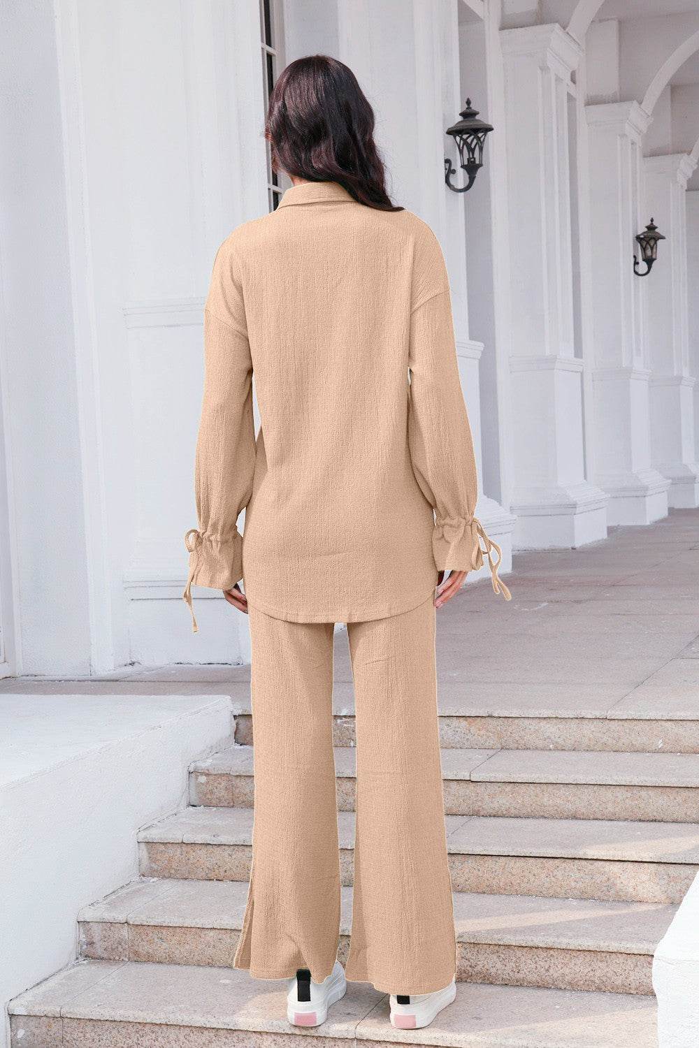 Drawstring Flounce Sleeve Shirt and Pants Set - Hovatok