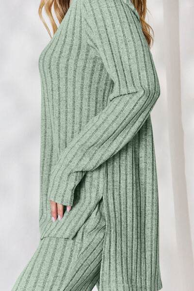 Basic Bae Full Size Ribbed High-Low Top and Wide Leg Pants Set - Hovatok