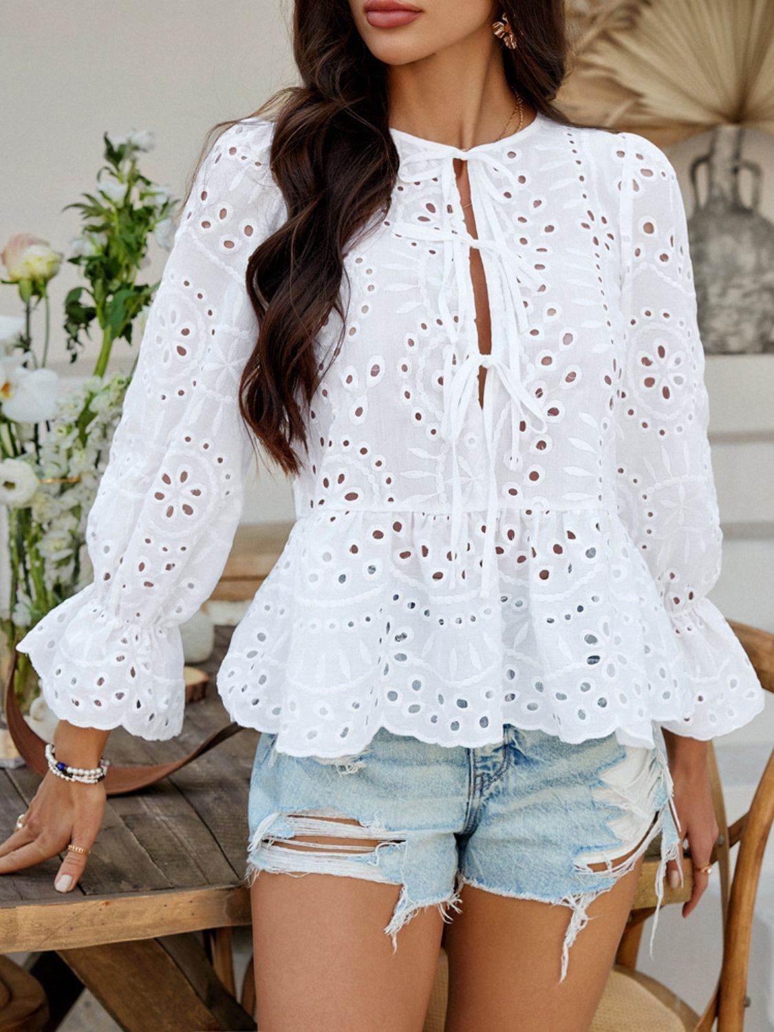 Devine Tie Front Flounce Sleeve Peplum Blouse - Hovatok