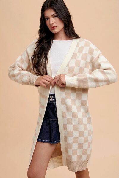 Annie Wear Checkered & Striped Open Front Long Sleeve Cardigan - Hovatok