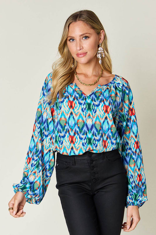 Double Take Full Size Printed Balloon Sleeve Blouse - Hovatok