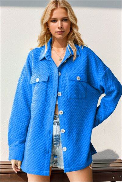 Double Take Full Size Textured Button Up Drop Shoulder Shacket - Hovatok