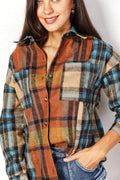 Double Take Plaid Curved Hem Shirt Jacket with Breast Pockets - Hovatok