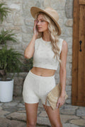 Eyelet Round Neck Tank and shorts Sweater Set - Hovatok