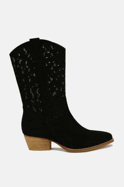 Beast Fashion Faux Suede Laser Cut Detail Block Heel Boots - Hovatok